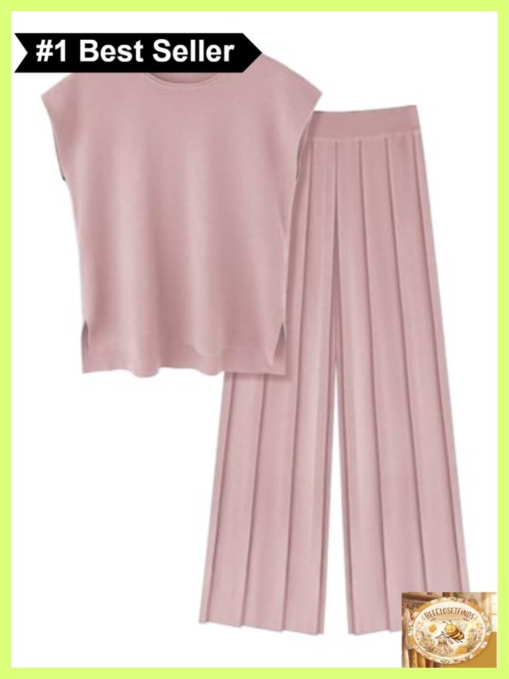 Knit Two Piece Lounge Set Cap Sleeve Pleated Wide Leg Pants Casual